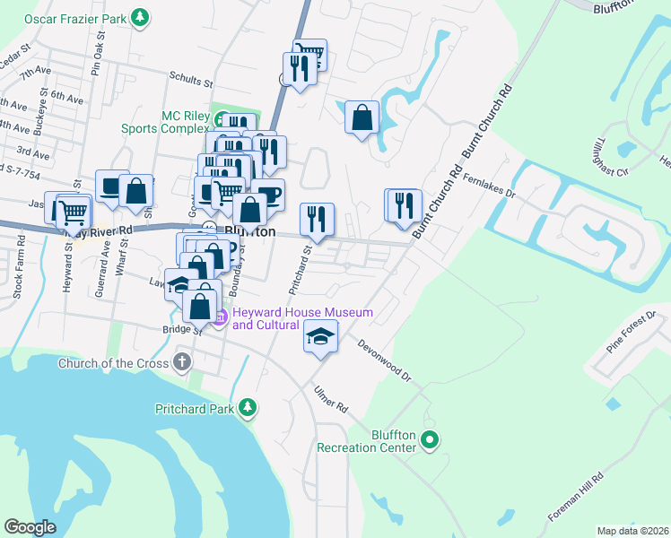 map of restaurants, bars, coffee shops, grocery stores, and more near 172 Burnt Church Road in Bluffton