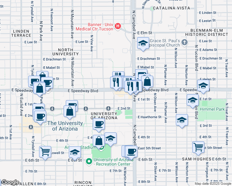 map of restaurants, bars, coffee shops, grocery stores, and more near 1701 East 1st Street in Tucson