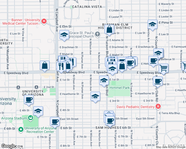map of restaurants, bars, coffee shops, grocery stores, and more near 2239 East 1st Street in Tucson