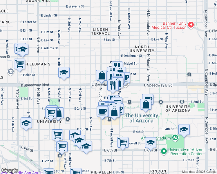 map of restaurants, bars, coffee shops, grocery stores, and more near 1023 North Tyndall Avenue in Tucson
