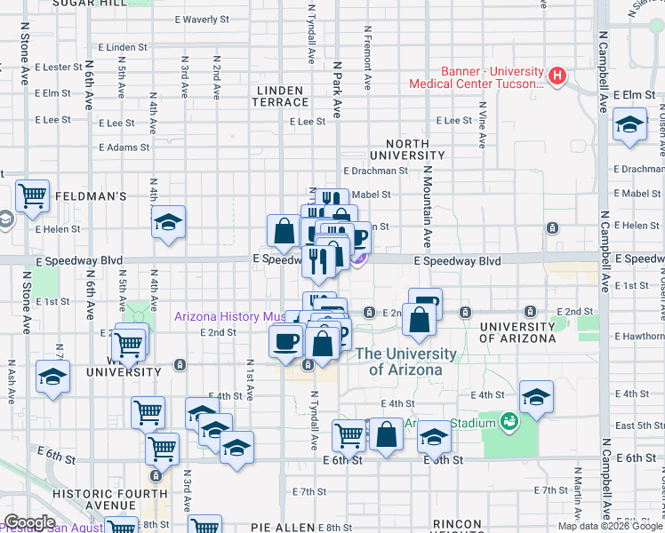 map of restaurants, bars, coffee shops, grocery stores, and more near 1038 North Park Avenue in Tucson