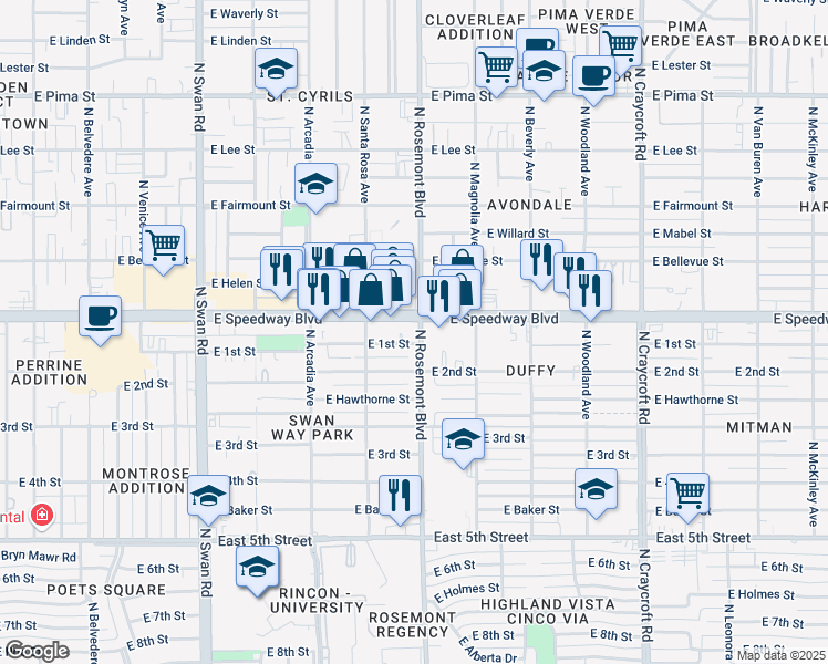map of restaurants, bars, coffee shops, grocery stores, and more near 5058 East 1st Street in Tucson
