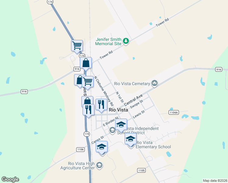 map of restaurants, bars, coffee shops, grocery stores, and more near 208 North Cleburne Whitney Road in Rio Vista