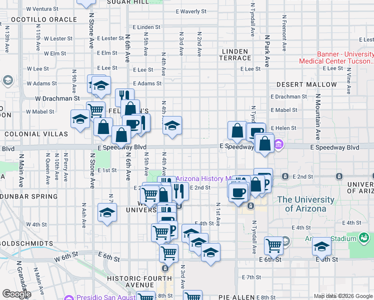 map of restaurants, bars, coffee shops, grocery stores, and more near 1026 North 3rd Avenue in Tucson