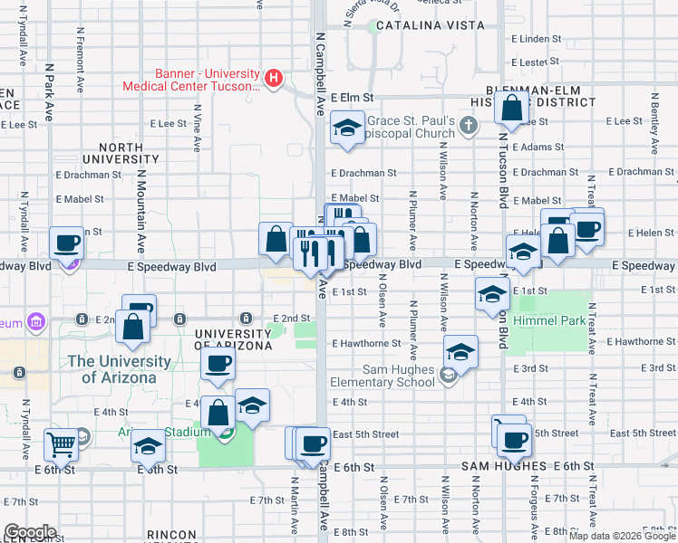 map of restaurants, bars, coffee shops, grocery stores, and more near 1921 East 1st Street in Tucson