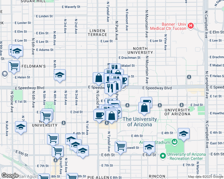 map of restaurants, bars, coffee shops, grocery stores, and more near 1023 North Tyndall Avenue in Tucson