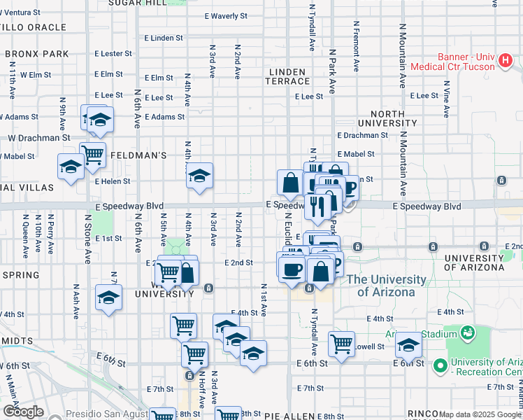map of restaurants, bars, coffee shops, grocery stores, and more near 1030 North 1st Avenue in Tucson