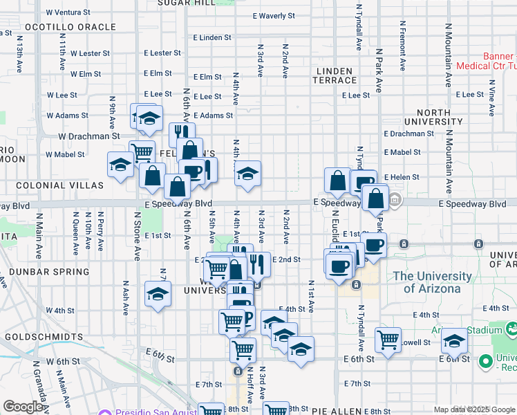 map of restaurants, bars, coffee shops, grocery stores, and more near 1026 North 3rd Avenue in Tucson