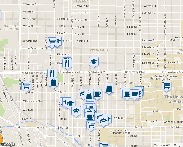 map of restaurants, bars, coffee shops, grocery stores, and more near 1030 North 4th Avenue in Tucson