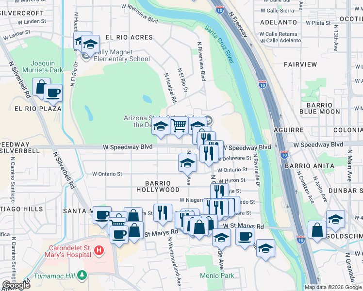 map of restaurants, bars, coffee shops, grocery stores, and more near 1308 West Delaware Street in Tucson