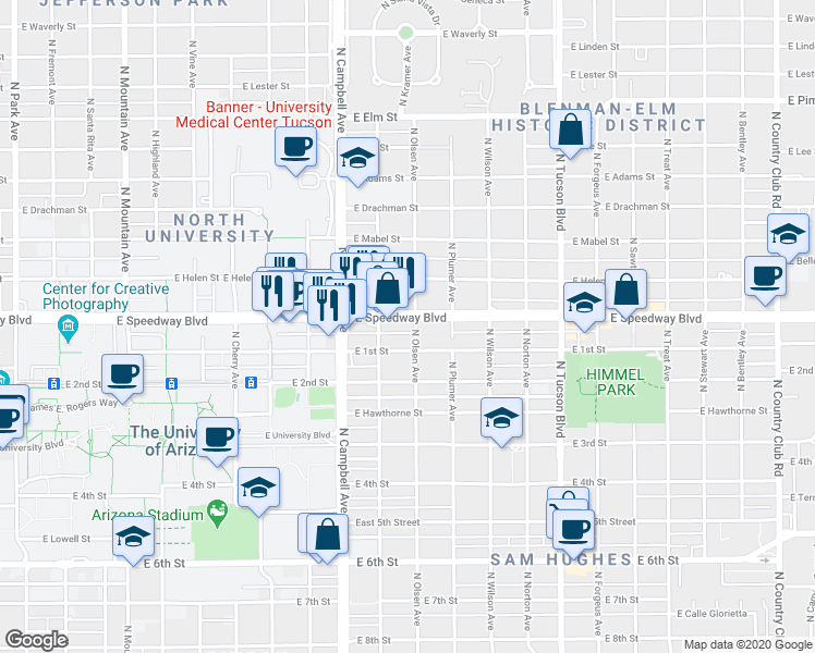 map of restaurants, bars, coffee shops, grocery stores, and more near 2039 East 1st Street in Tucson