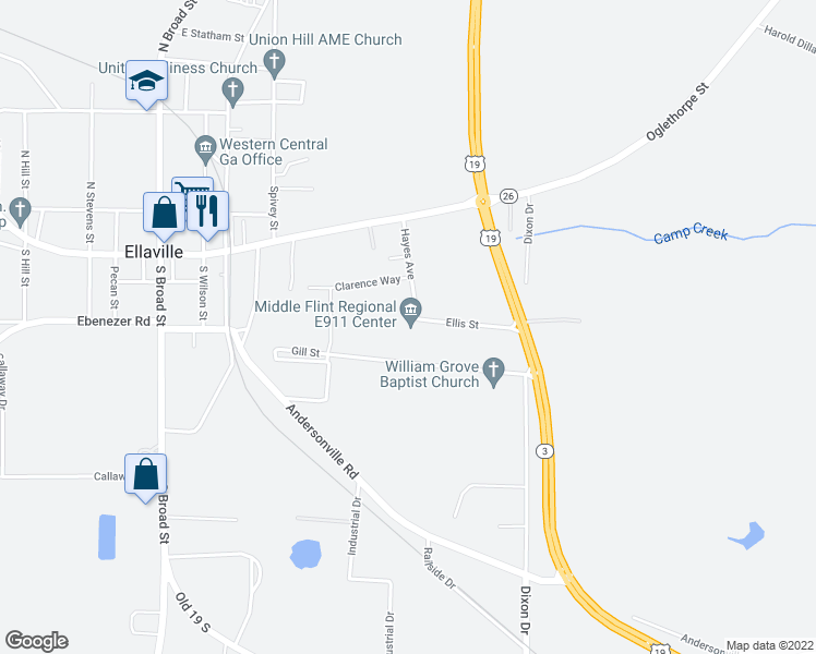 map of restaurants, bars, coffee shops, grocery stores, and more near 222 Hayes Avenue in Ellaville
