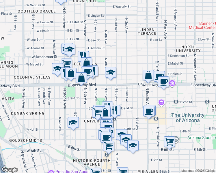 map of restaurants, bars, coffee shops, grocery stores, and more near 1030 North 4th Avenue in Tucson