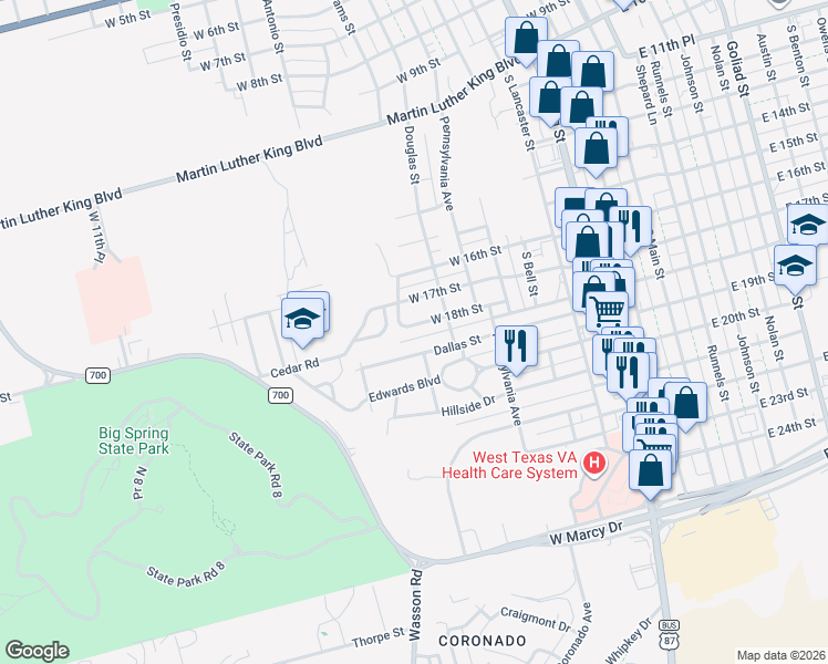 map of restaurants, bars, coffee shops, grocery stores, and more near 701-899 Dallas St in Big Spring