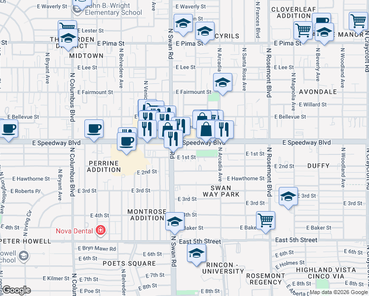 map of restaurants, bars, coffee shops, grocery stores, and more near 4715 East 1st Street in Tucson