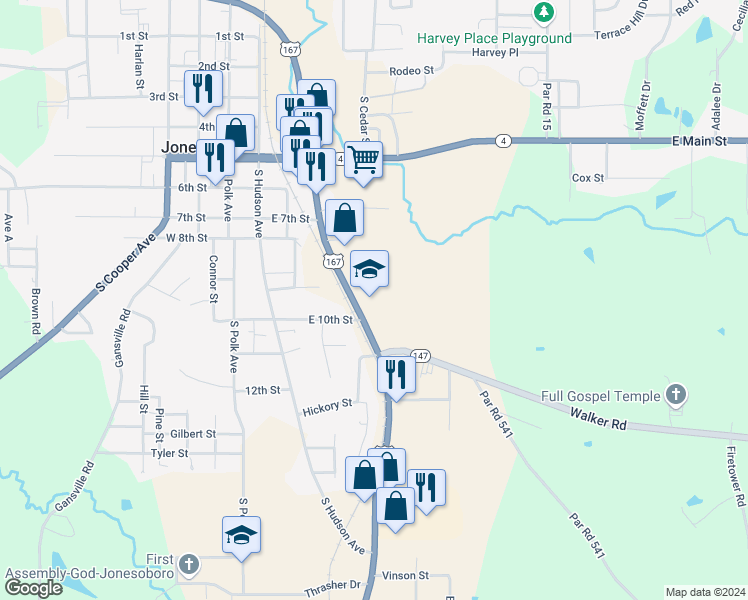 map of restaurants, bars, coffee shops, grocery stores, and more near 440 Old Winnfield Road in Jonesboro