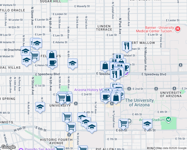 map of restaurants, bars, coffee shops, grocery stores, and more near 1121 North 1st Avenue in Tucson