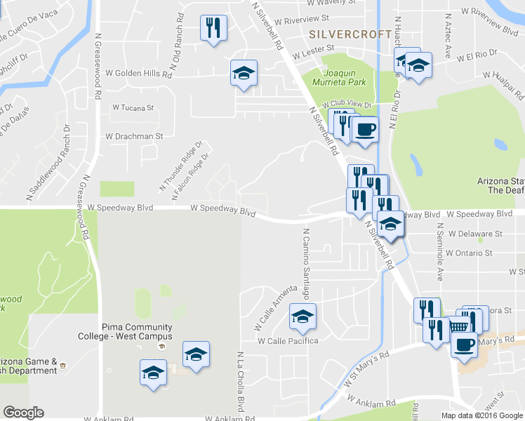 map of restaurants, bars, coffee shops, grocery stores, and more near 2080 West Speedway Boulevard in Tucson