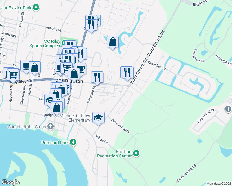 map of restaurants, bars, coffee shops, grocery stores, and more near 1 Blue Crab Street in Bluffton