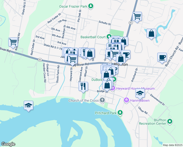 map of restaurants, bars, coffee shops, grocery stores, and more near 11 Lawrence Street in Bluffton