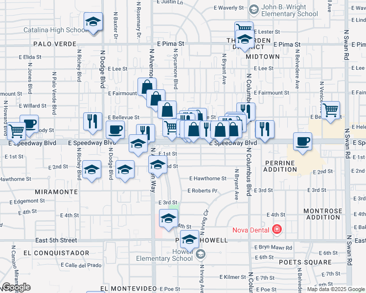 map of restaurants, bars, coffee shops, grocery stores, and more near 4020 East Speedway Boulevard in Tucson