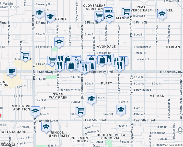 map of restaurants, bars, coffee shops, grocery stores, and more near 5125 East Speedway Boulevard in Tucson