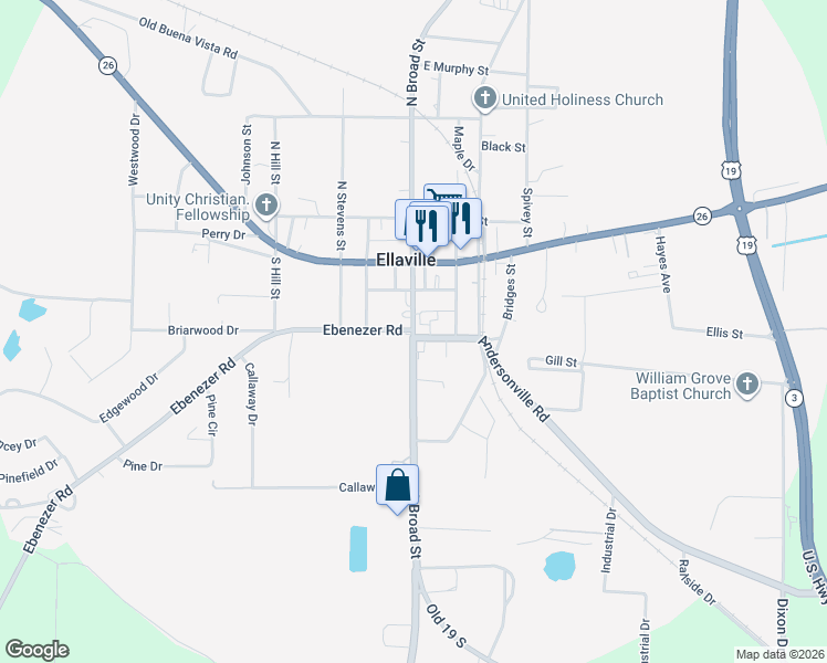 map of restaurants, bars, coffee shops, grocery stores, and more near 27 Main Street in Ellaville