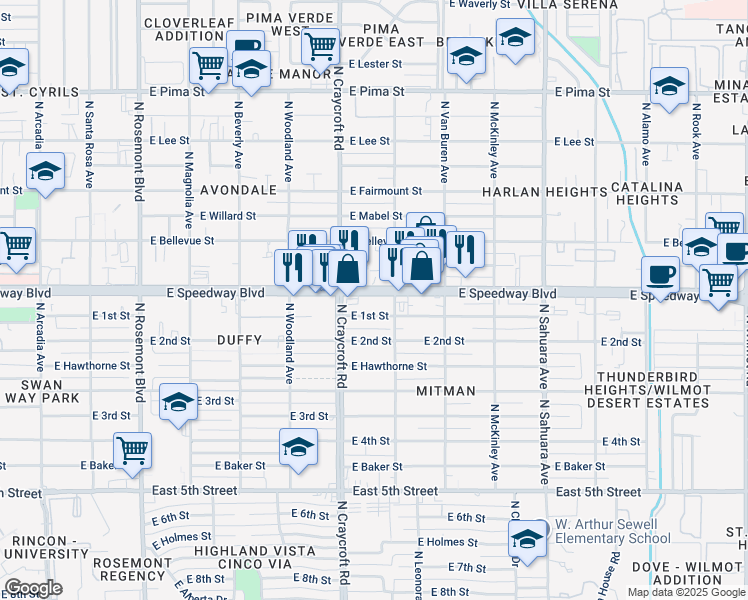 map of restaurants, bars, coffee shops, grocery stores, and more near 5533 East Speedway Boulevard in Tucson