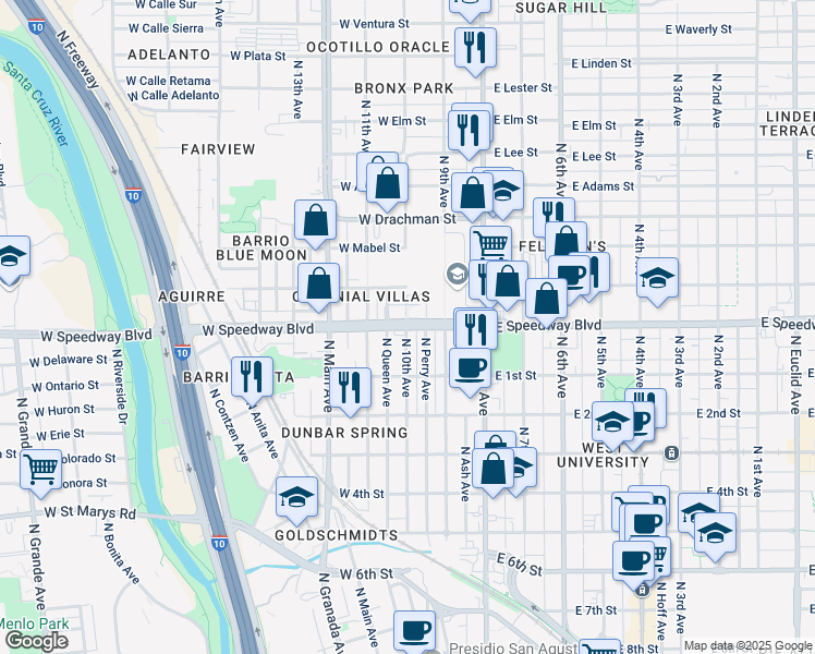 map of restaurants, bars, coffee shops, grocery stores, and more near W Speedway Blvd & N 10th Ave in Tucson