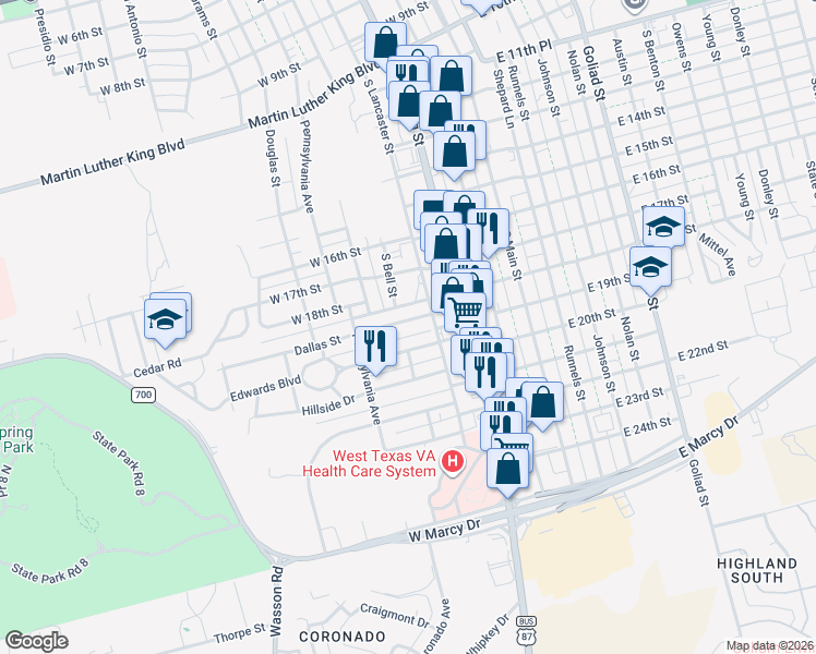 map of restaurants, bars, coffee shops, grocery stores, and more near 2900 South Bell Street in Big Spring