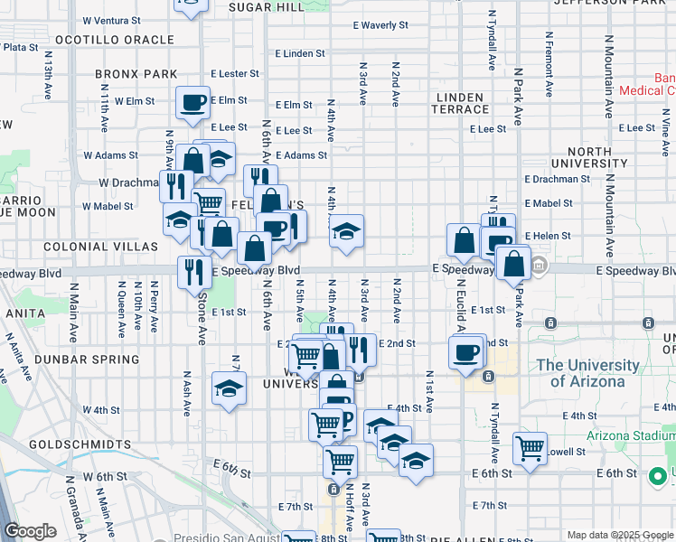 map of restaurants, bars, coffee shops, grocery stores, and more near 1126 North 4th Avenue in Tucson