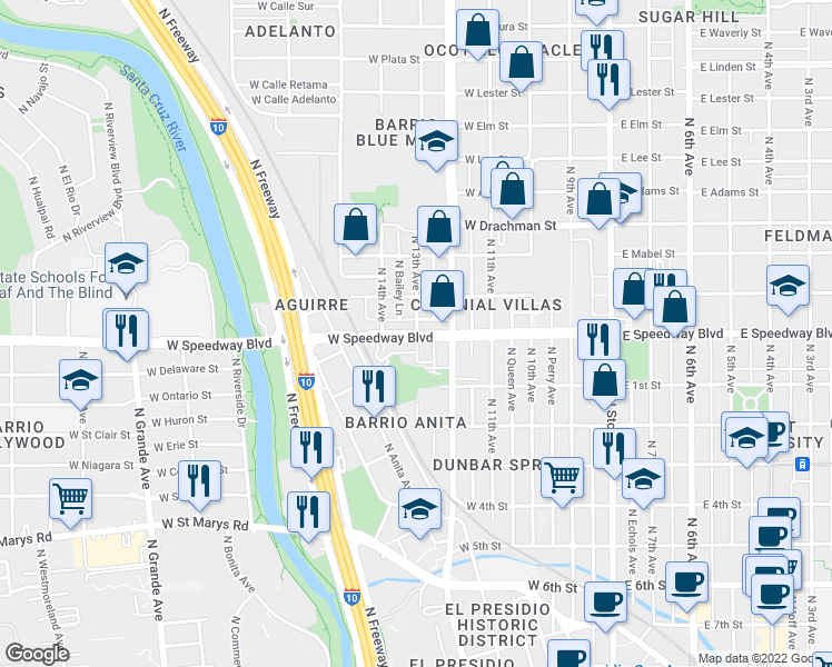 map of restaurants, bars, coffee shops, grocery stores, and more near W Speedway Blvd & N 13th Ave in Tucson