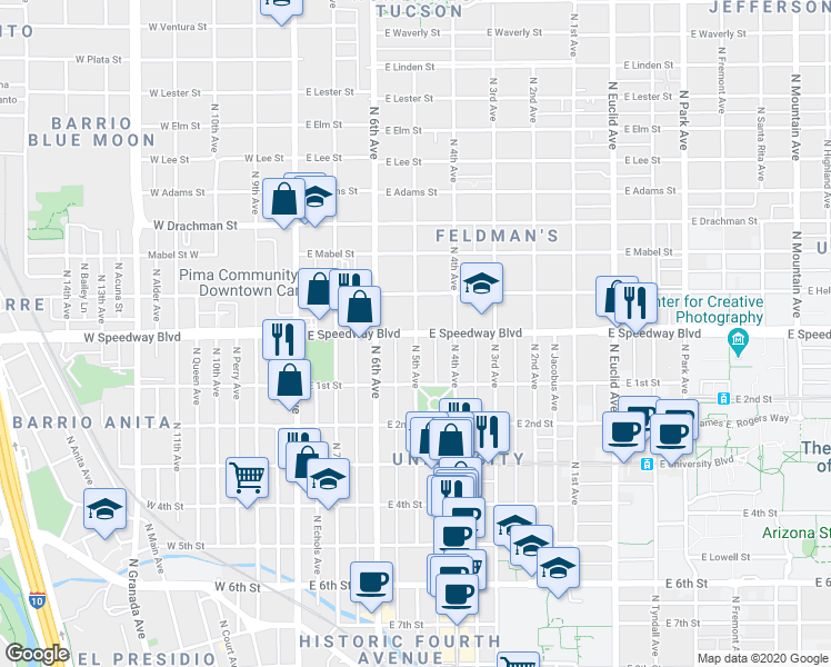 map of restaurants, bars, coffee shops, grocery stores, and more near E Speedway Blvd & N 5th Ave in Tucson