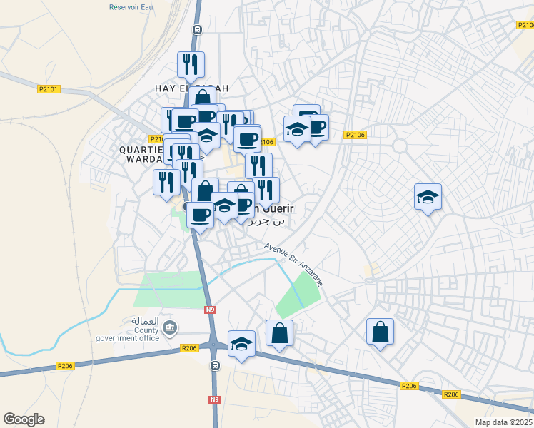 map of restaurants, bars, coffee shops, grocery stores, and more near in Ben Guerir