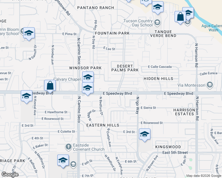 map of restaurants, bars, coffee shops, grocery stores, and more near 8916 East Palms Park Drive in Tucson