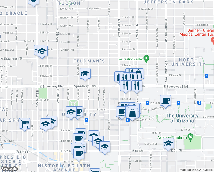 map of restaurants, bars, coffee shops, grocery stores, and more near 644 East Speedway Boulevard in Tucson