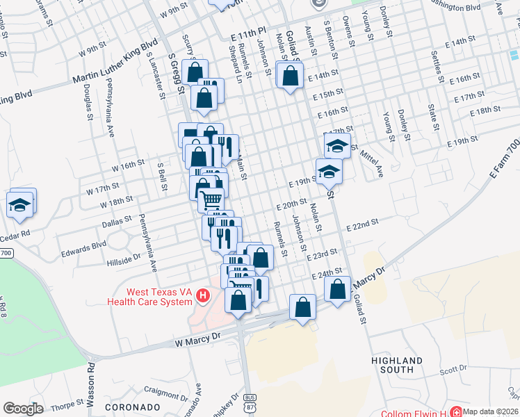 map of restaurants, bars, coffee shops, grocery stores, and more near 1900-1998 Runnels St in Big Spring