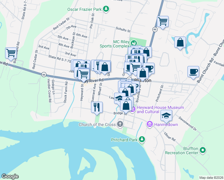 map of restaurants, bars, coffee shops, grocery stores, and more near 1270 May River Road in Bluffton