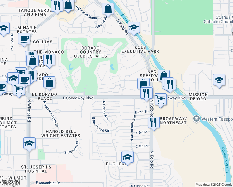 map of restaurants, bars, coffee shops, grocery stores, and more near 6893 East Camino Del Dorado in Tucson