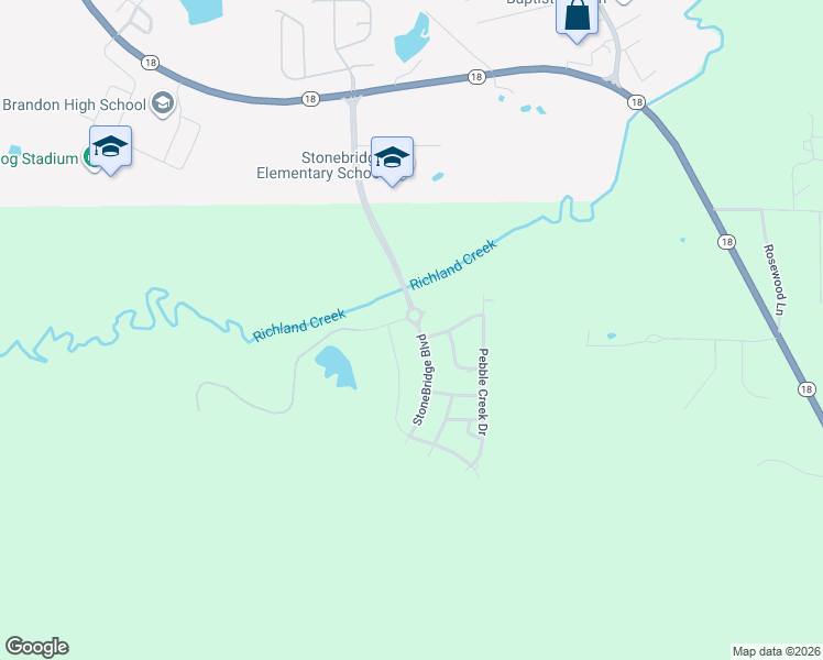 map of restaurants, bars, coffee shops, grocery stores, and more near 206 Stonebridge Boulevard in Brandon