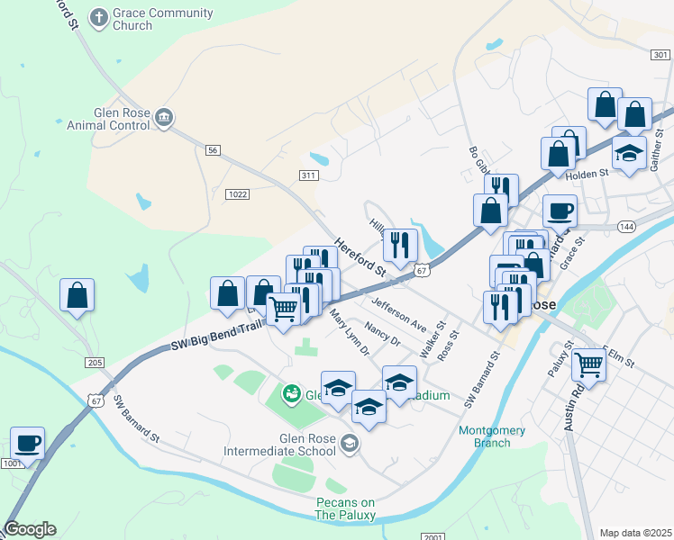 map of restaurants, bars, coffee shops, grocery stores, and more near 901 Hereford Street in Glen Rose