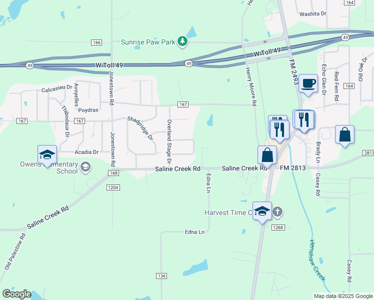 map of restaurants, bars, coffee shops, grocery stores, and more near 11341 Overland Trail in Tyler