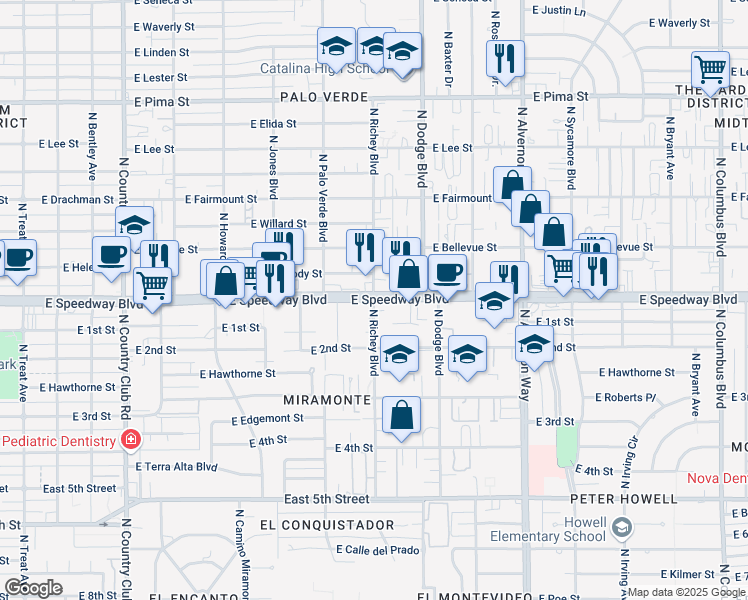 map of restaurants, bars, coffee shops, grocery stores, and more near 1099 North Richey Boulevard in Tucson