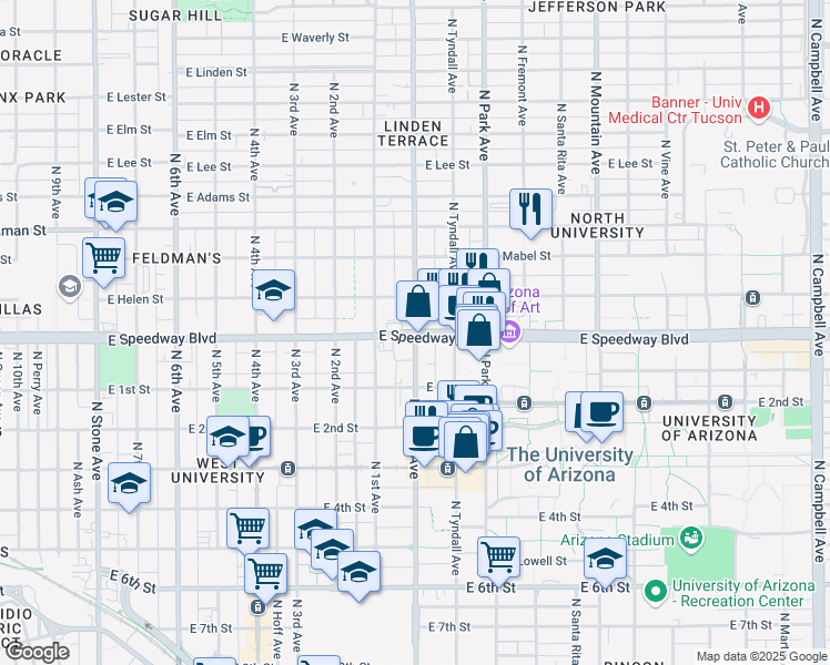 map of restaurants, bars, coffee shops, grocery stores, and more near East Speedway Boulevard & North Euclid Avenue in Tucson