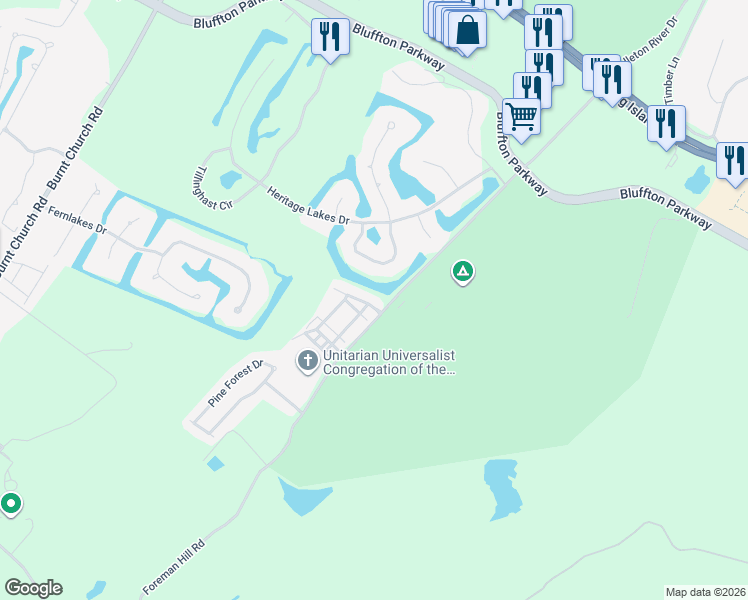 map of restaurants, bars, coffee shops, grocery stores, and more near 6 Essex Court in Bluffton