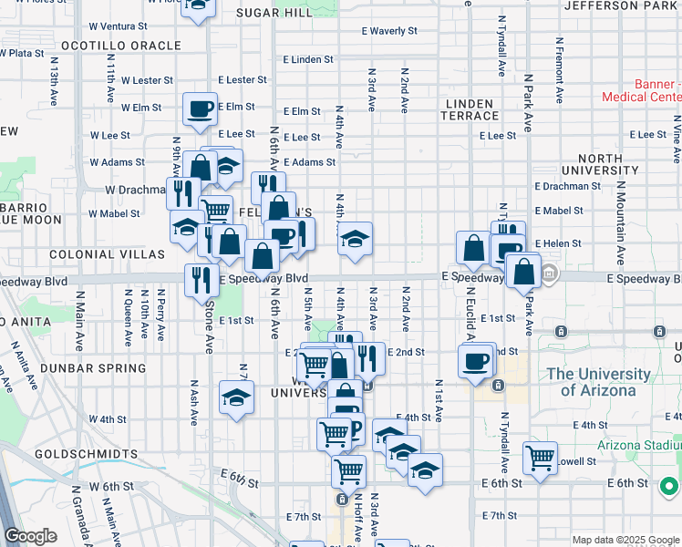 map of restaurants, bars, coffee shops, grocery stores, and more near North 4th Avenue in Tucson