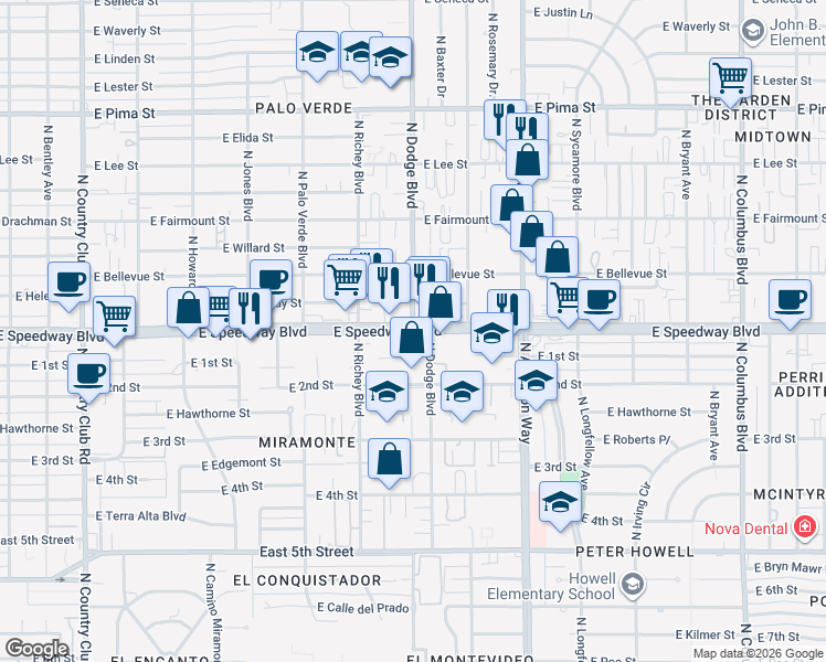 map of restaurants, bars, coffee shops, grocery stores, and more near E Speedway Blvd & N Dodge Blvd in Tucson