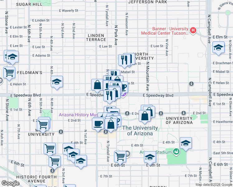 map of restaurants, bars, coffee shops, grocery stores, and more near E Speedway Blvd & N Park Ave in Tucson