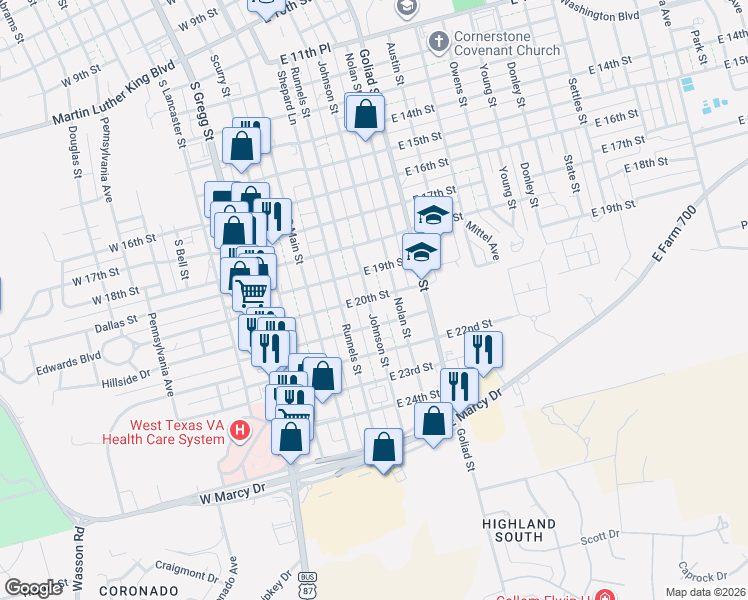 map of restaurants, bars, coffee shops, grocery stores, and more near 1906-1908 Johnson Street in Big Spring