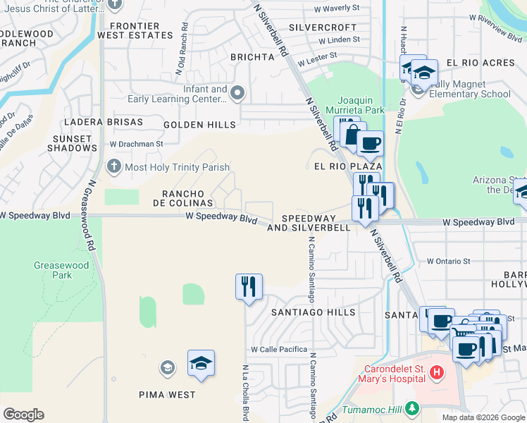 map of restaurants, bars, coffee shops, grocery stores, and more near 2080 West Speedway Boulevard in Tucson